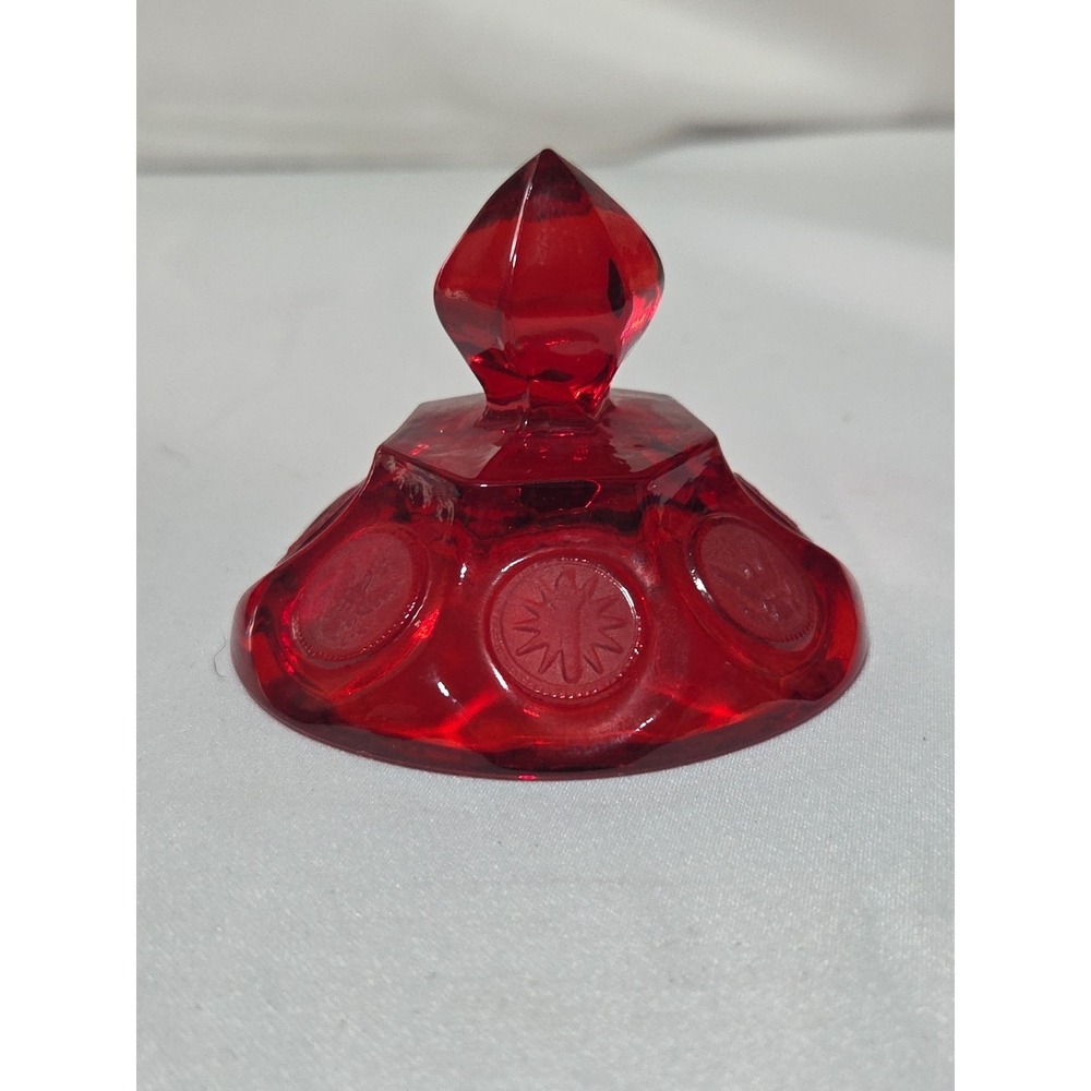 Vintage Fostoria Ruby Red Coin Glass 6.5"H, 4.25 W, 3.5" Depth Lidded Candy Dish - Picture 5 of 7